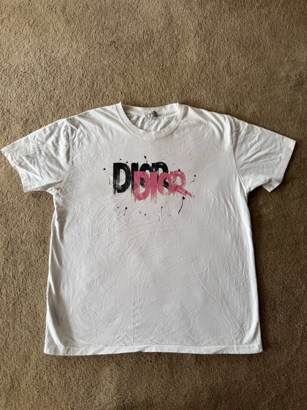 Dior White Tee with Black and Pink Logo Paint Men’s Size XL